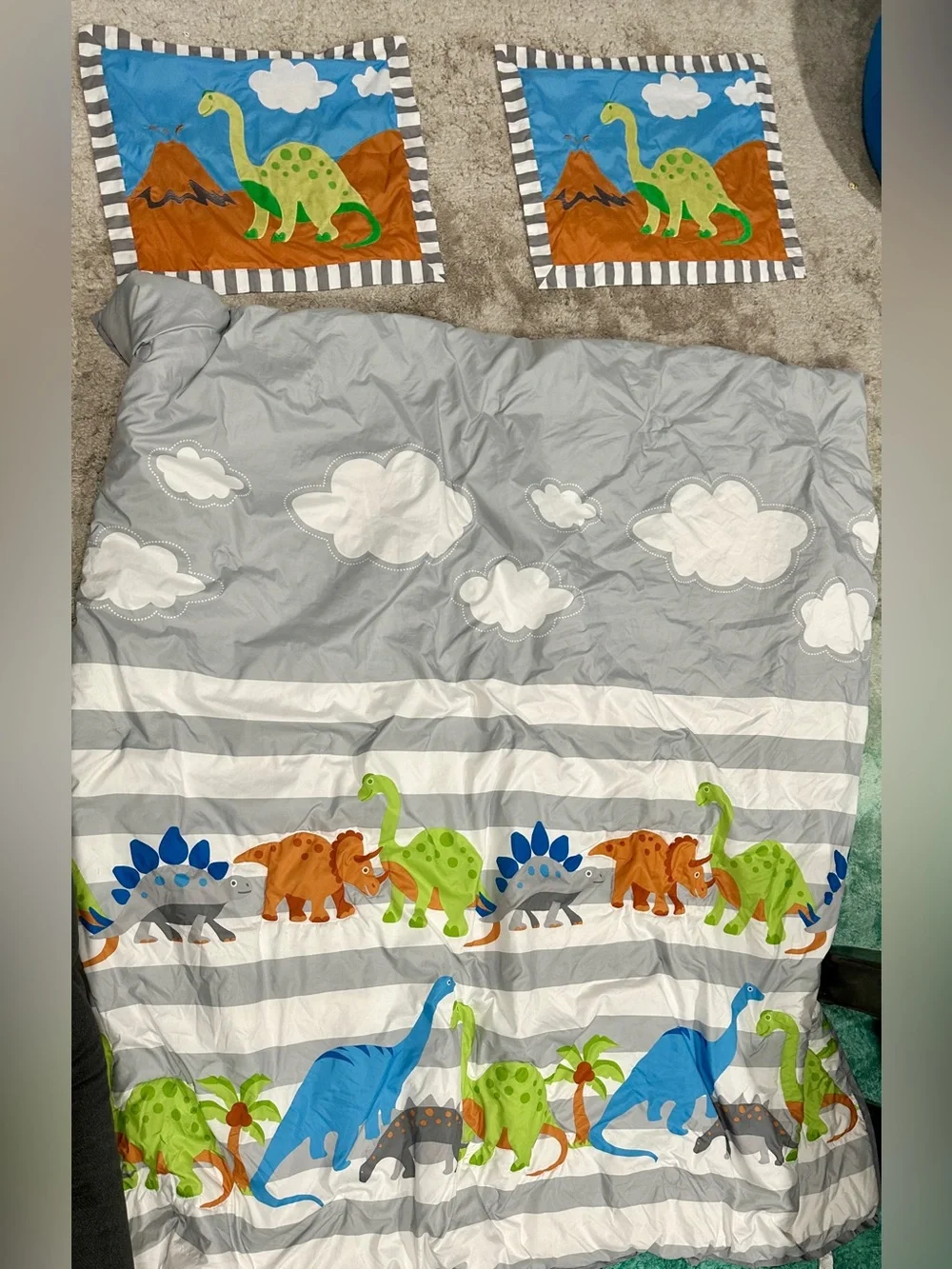 Cute Dinosaur Stripe Kids Comforter in Gray, Green & Blue